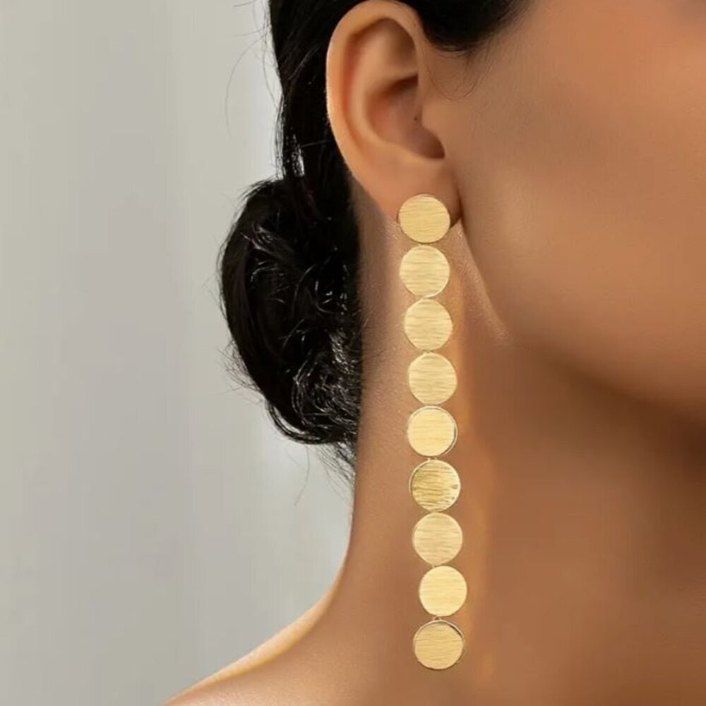 NEW Minimalist Gold Circle Drop Column Shoulder Duster Statement Earrings